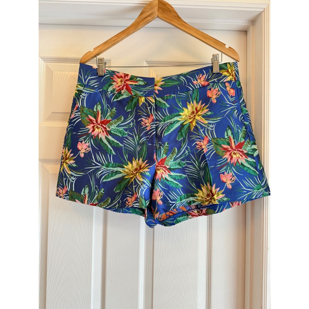 CeCe Shorts Women 14 Blue Tropical Floral Jacquard Tailored Summer Resort